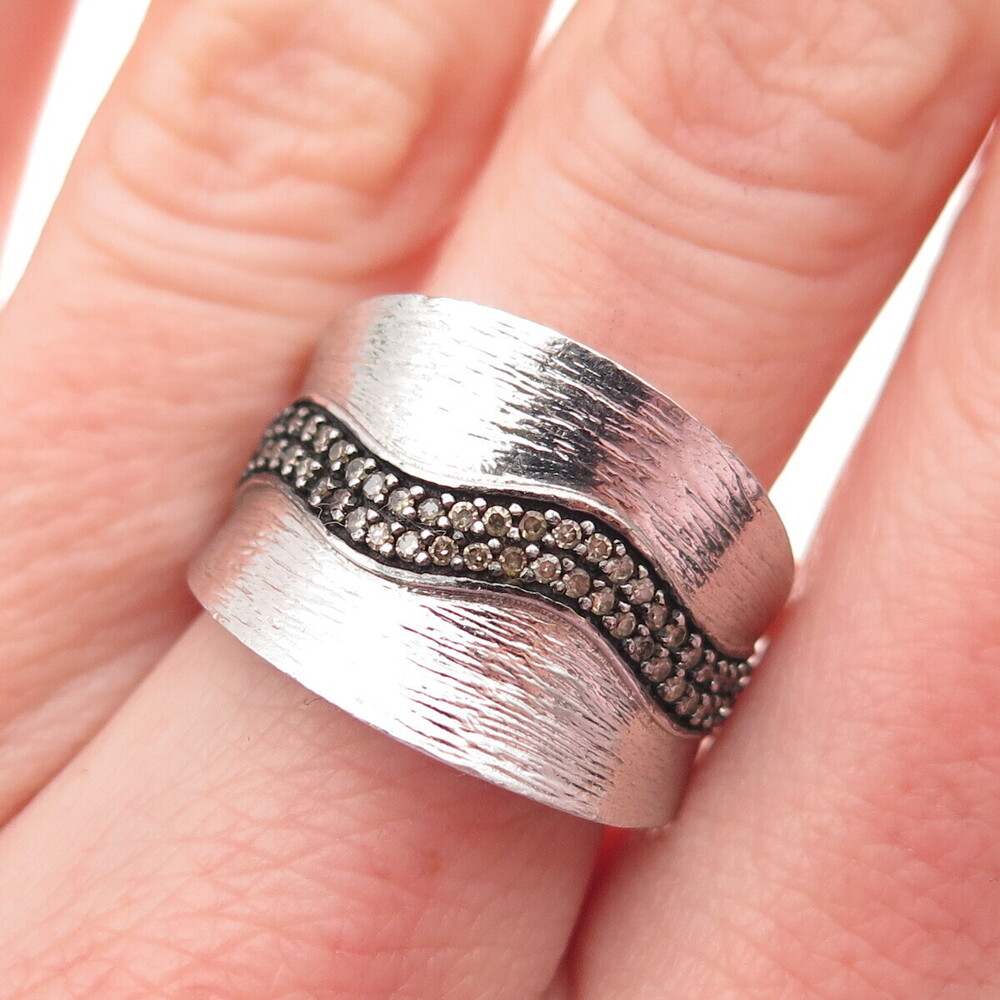 HENG NGAI 925 Sterling Silver Real Champagne Diamond Modernist Wavy Ring Size 7